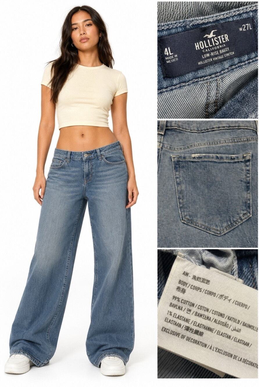 Barrel Relaxed Hollister Low Rise Baggy Wide Leg Jeans 4 Tall Medium Wash Denim